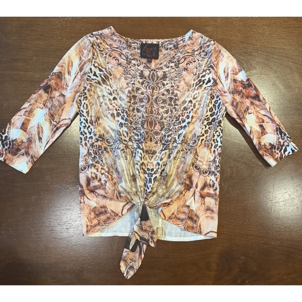 French Blue Petite Small Animal Print Rhinestone Tie Front Top 3/4 Sleeve USA